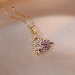 18K Gold Plated Stainless Steel Elegant Gold and Purple Swan Pendant Necklace